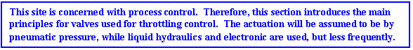 Text Box: This site is concerned with process control. Therefore, this section introduces the main principles for valves used for throttling control. The actuation will be assumed to be by pneumatic pressure, while liquid hydraulics and electronic are used, but less frequently.